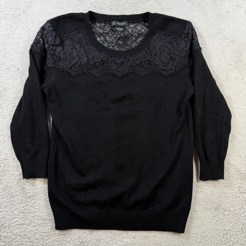 C By Bloomingdales Sweater Womens Small Black 100% Cashmere Crewneck Sheer Lace